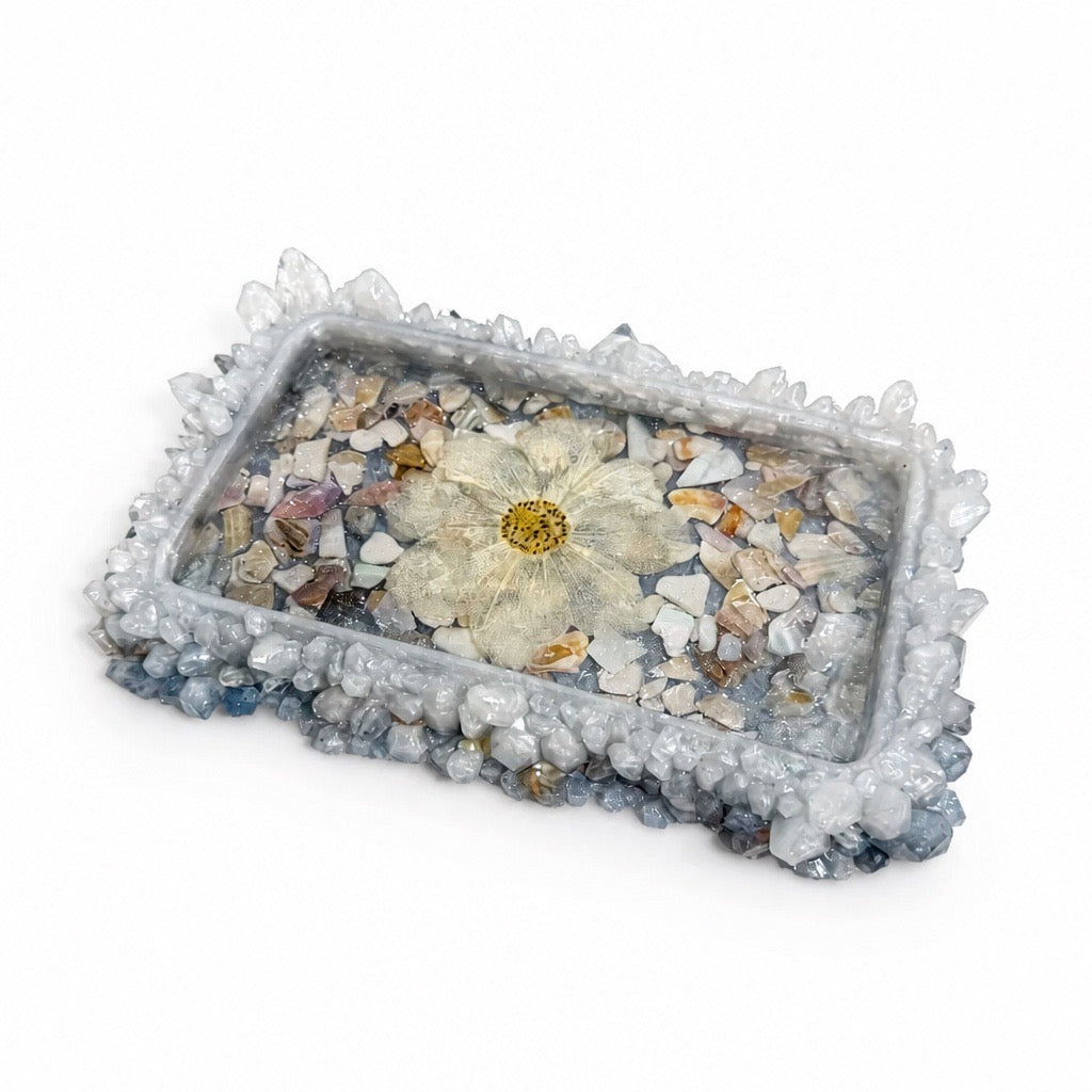 Blooming Crystal Trinket Tray | Coastal Garden Featuring Shell Fragments