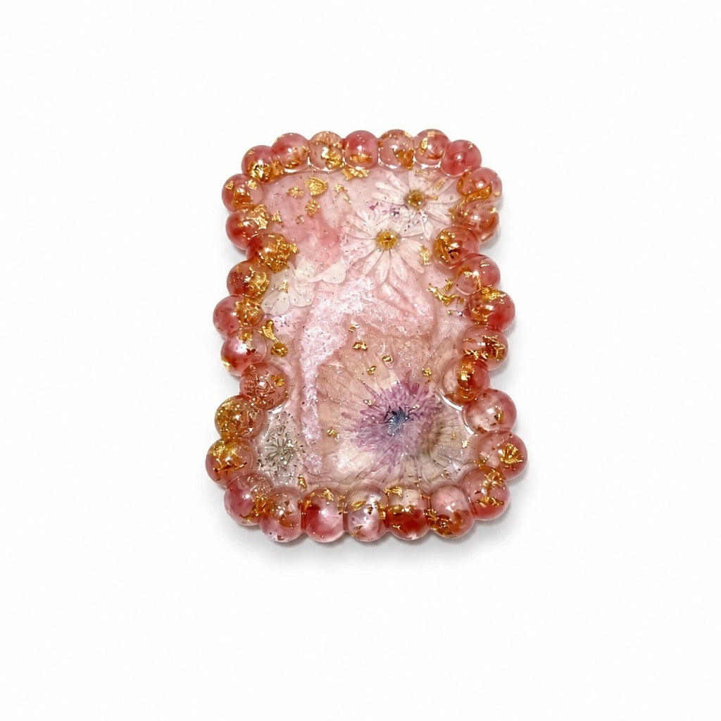 Beaded Edge Resin Jewelry Tray with Pressed Flowers - Pink + Gold