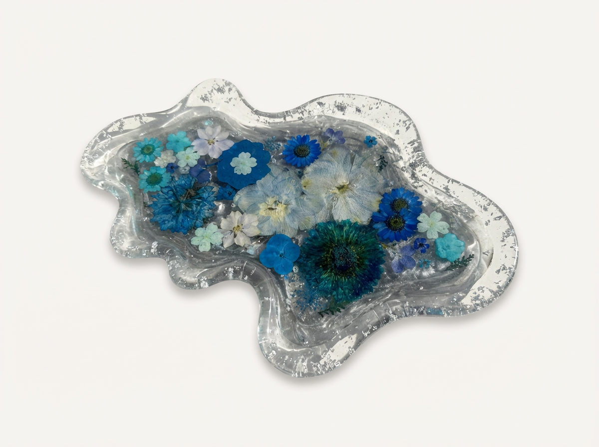 Wavy Pressed Flower Resin Jewelry Tray – Blue Florals