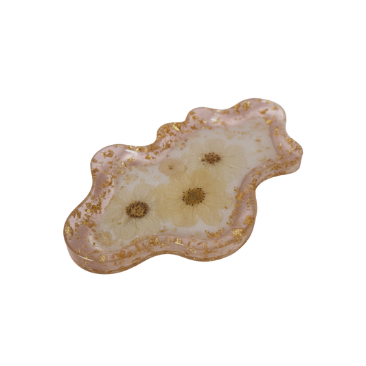 Wavy Pressed Flower Resin Jewelry Tray - White Florals & Gold Gilded Flakes