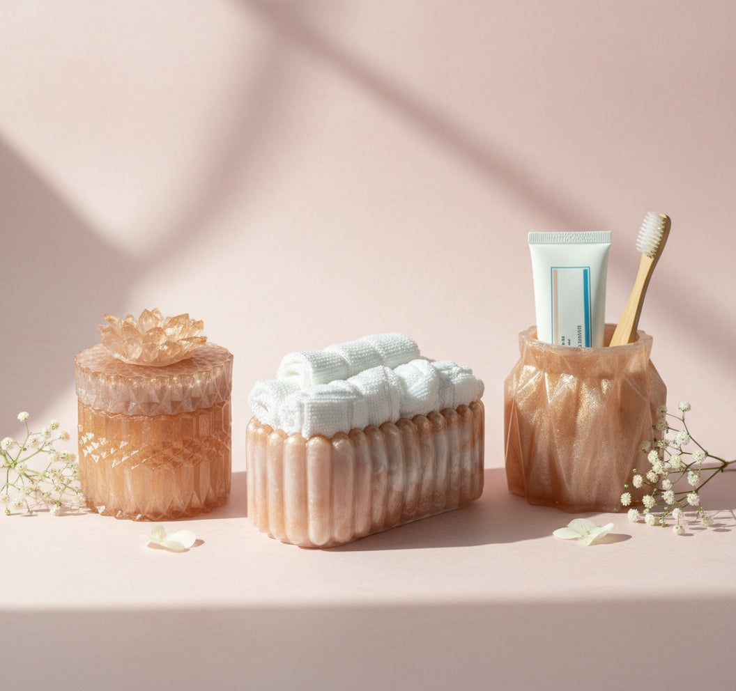 Blush Pink Bathroom Accessories Set – Resin Storage Jar, Tray & Organizer image 0