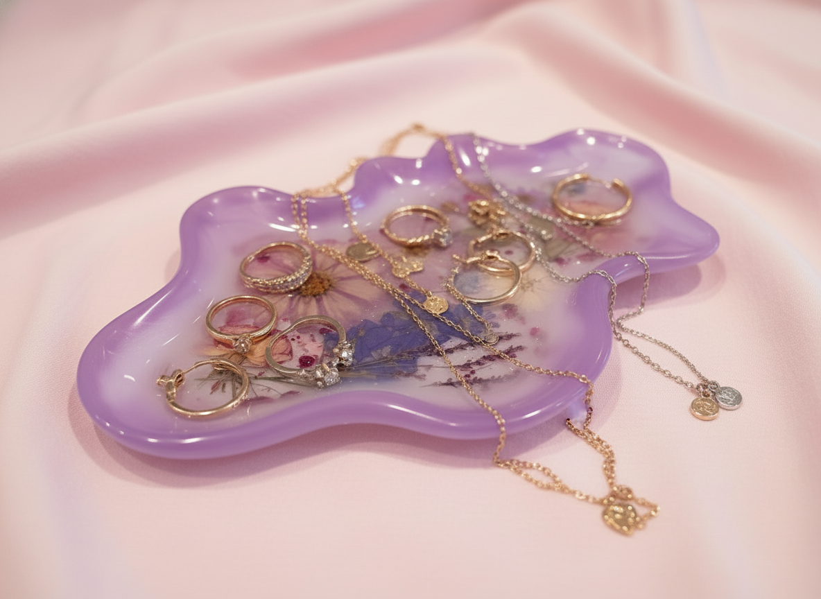 Wavy Pressed Flower Resin Jewelry Tray – Purple Wildflowers image 1