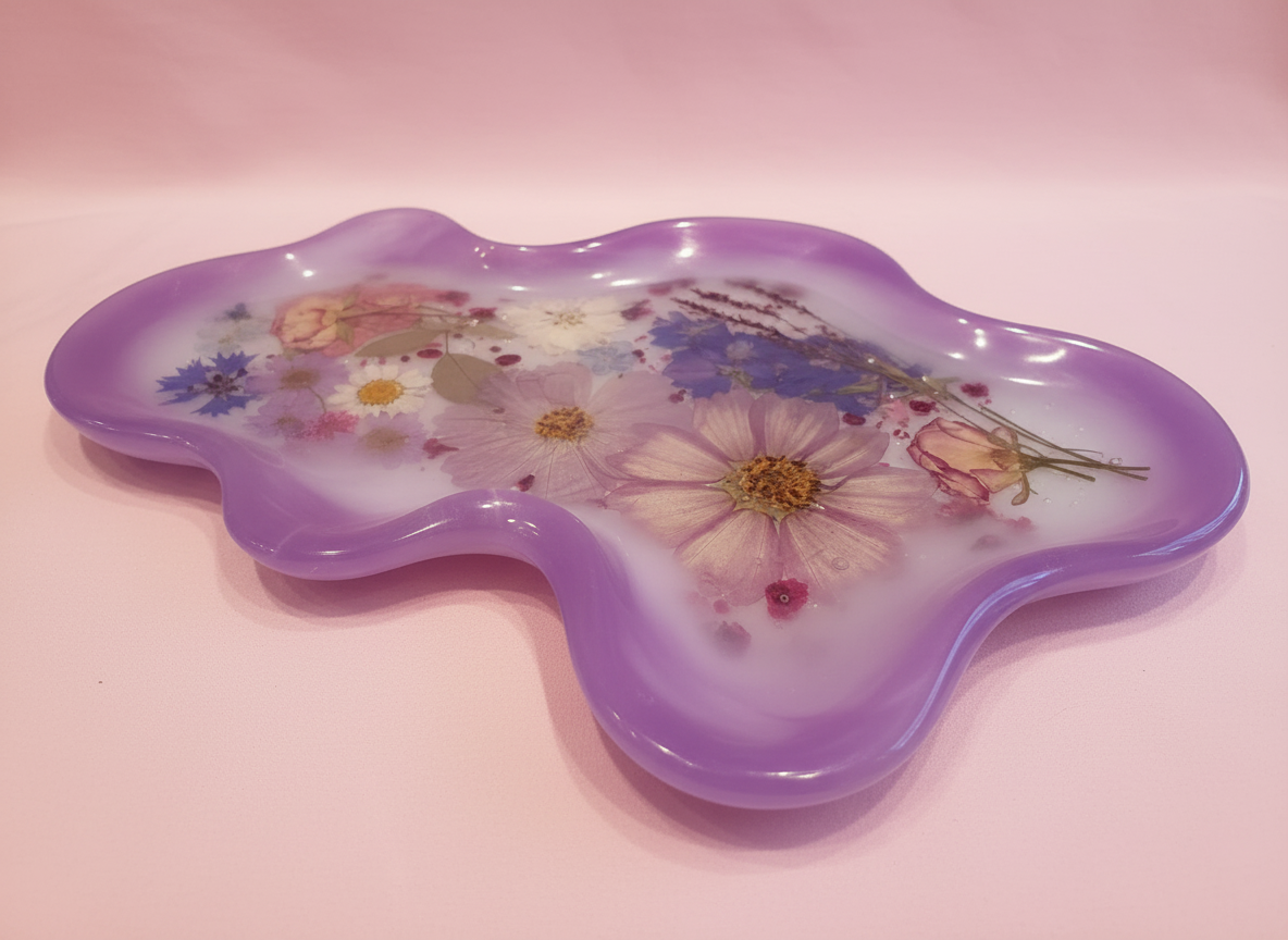 Wavy Pressed Flower Resin Jewelry Tray – Purple Wildflowers image 2