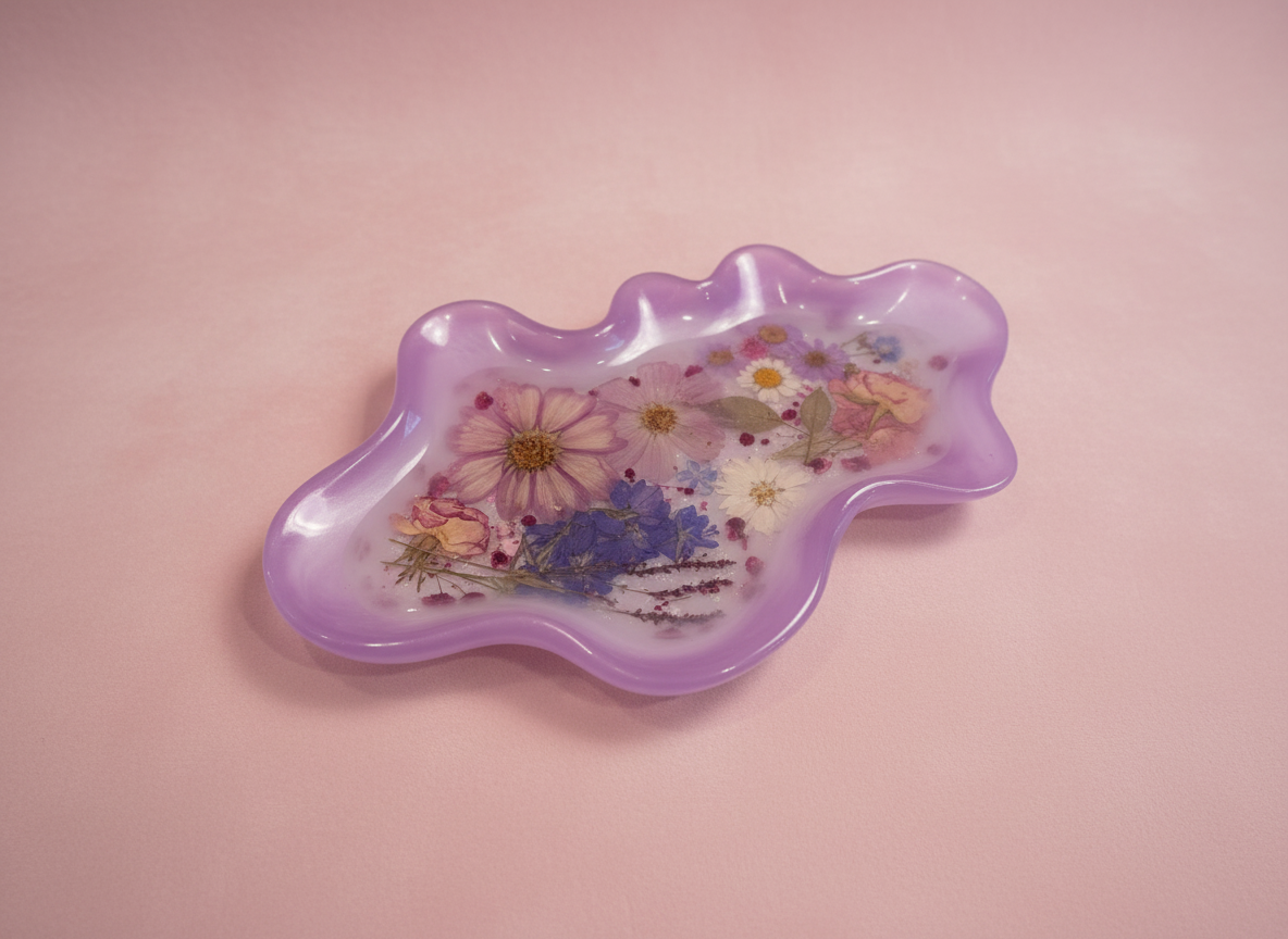 Wavy Pressed Flower Resin Jewelry Tray – Purple Wildflowers image 0