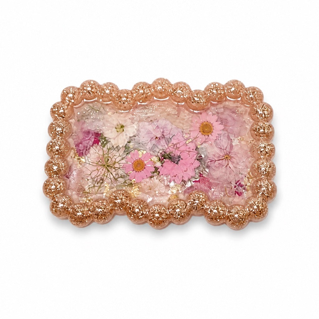 Beaded Edge Resin Jewelry Tray with Pressed Flowers - Pink + Gold