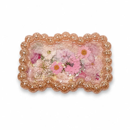 Beaded Edge Resin Jewelry Tray with Pressed Flowers - Pink + Gold