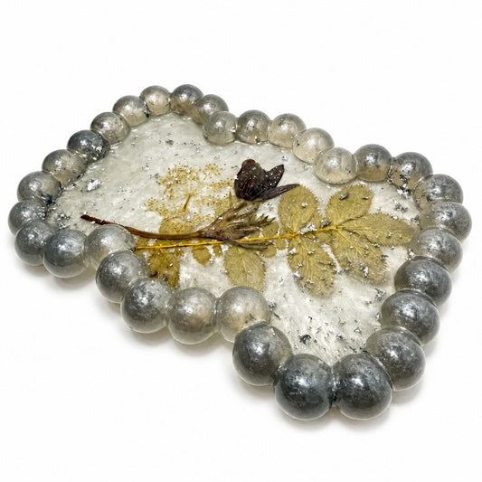 Beaded Edge Resin Jewelry Tray with Pressed Flowers - Silver