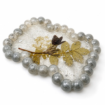 Beaded Edge Resin Jewelry Tray with Pressed Flowers - Silver