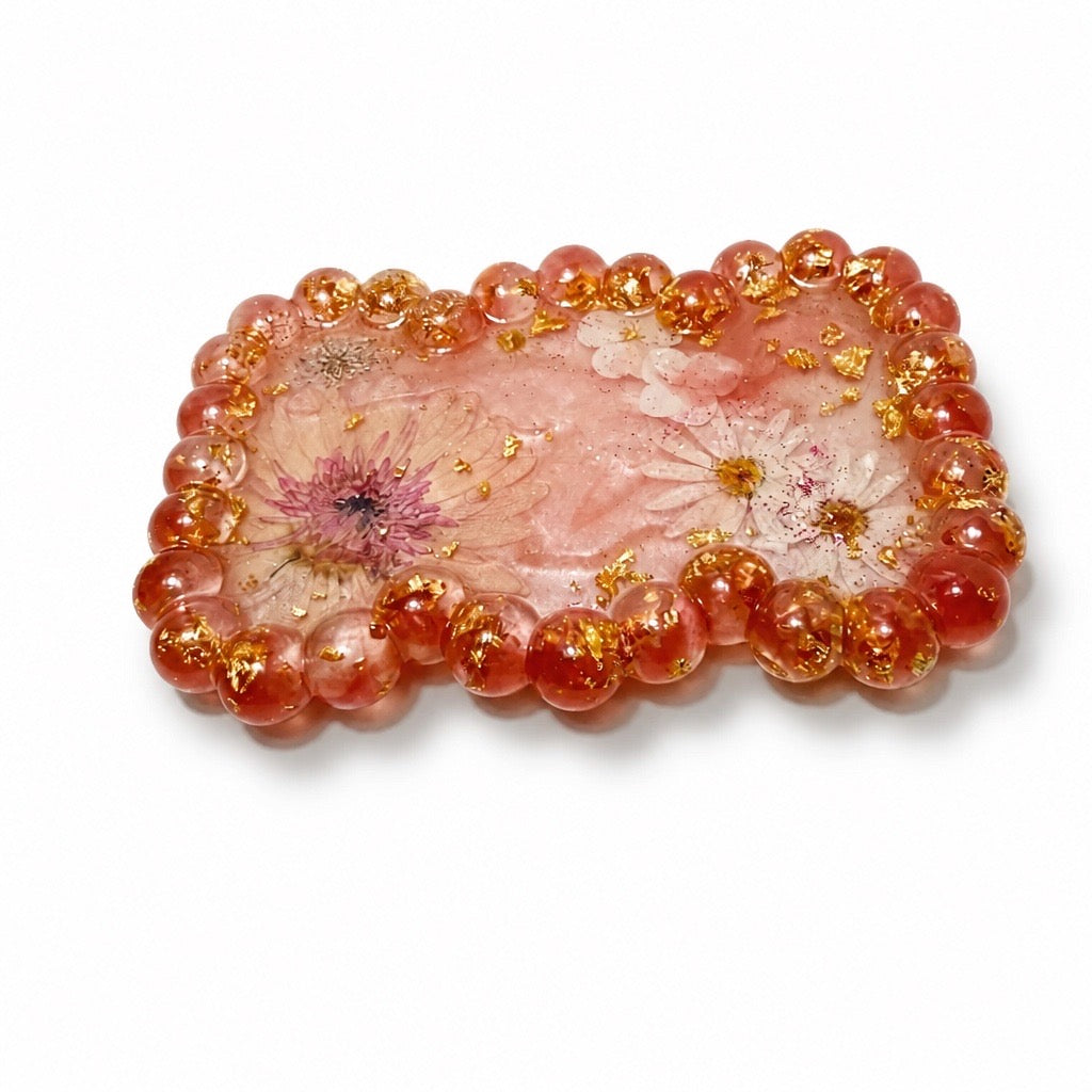 Beaded Edge Resin Jewelry Tray with Pressed Flowers - Pink & Gold