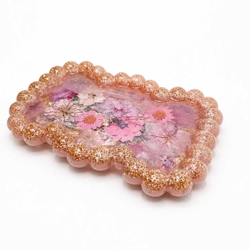 Beaded Edge Resin Jewelry Tray with Pressed Flowers - Pink + Gold