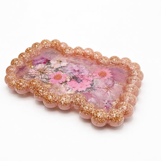 Beaded Edge Resin Jewelry Tray with Pressed Flowers - Pink + Gold
