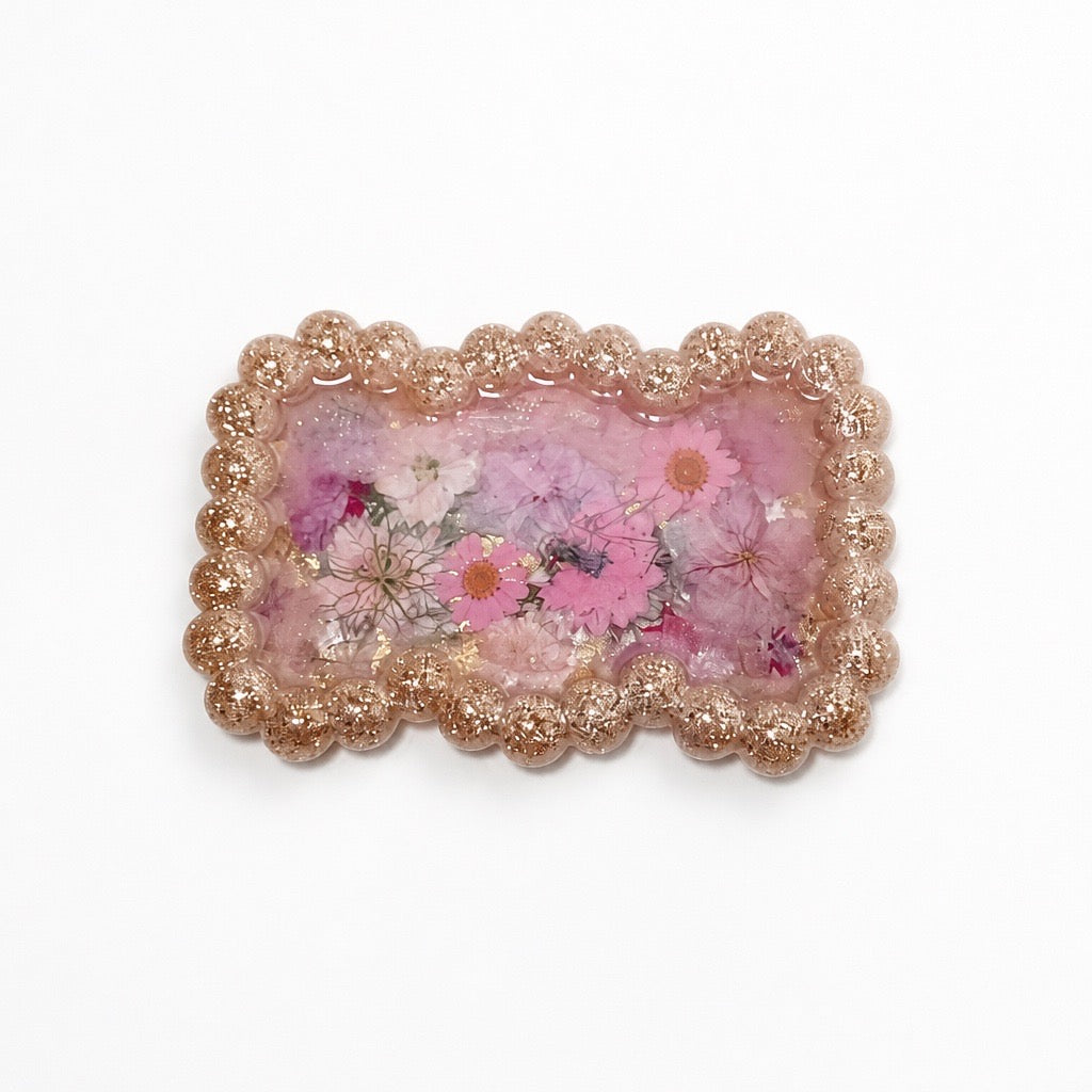 Beaded Edge Resin Jewelry Tray with Pressed Flowers - Pink + Gold