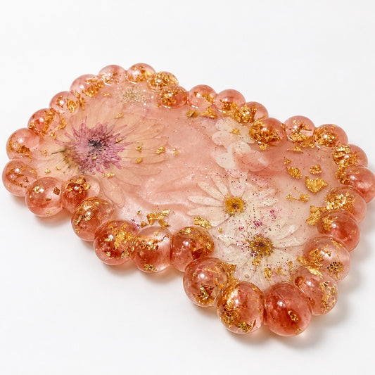 Beaded Edge Resin Jewelry Tray with Pressed Flowers - Pink & Gold