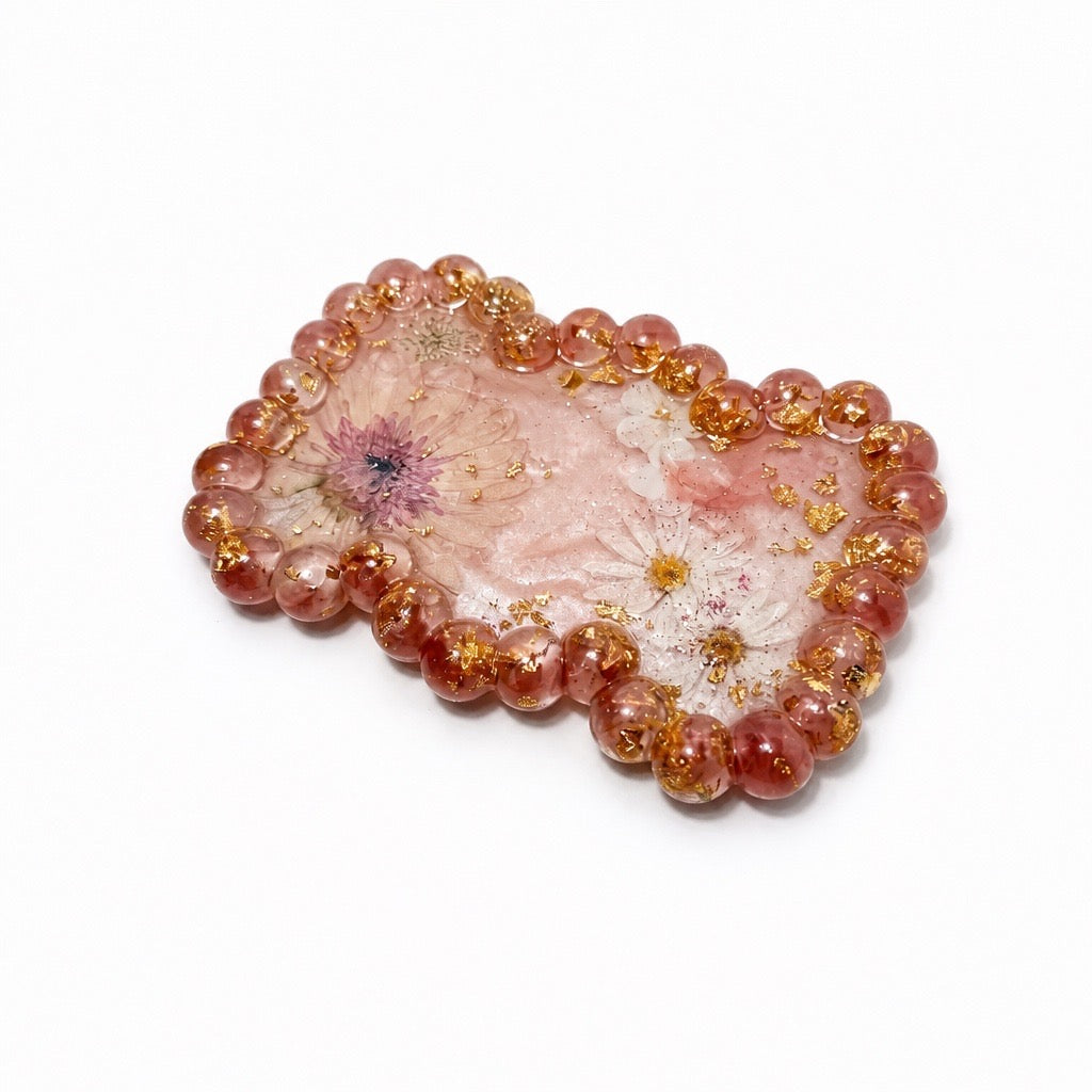 Beaded Edge Resin Jewelry Tray with Pressed Flowers - Pink & Gold