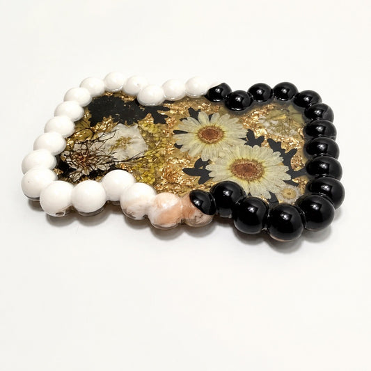 Beaded Edge Resin Jewelry Tray with Pressed Flowers - Black + Gold