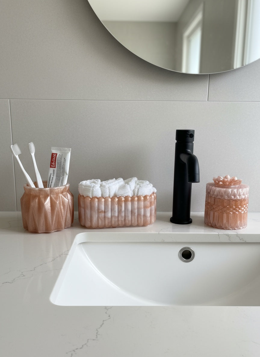 Blush Pink Bathroom Accessories Set – Resin Storage Jar, Tray & Organizer image 5