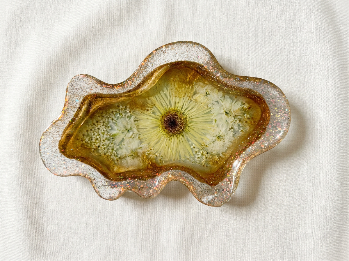Wavy Pressed Flower Resin Jewelry Tray – Golden Garden