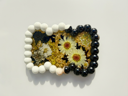 Beaded Edge Resin Jewelry Tray with Pressed Flowers - Black + Gold