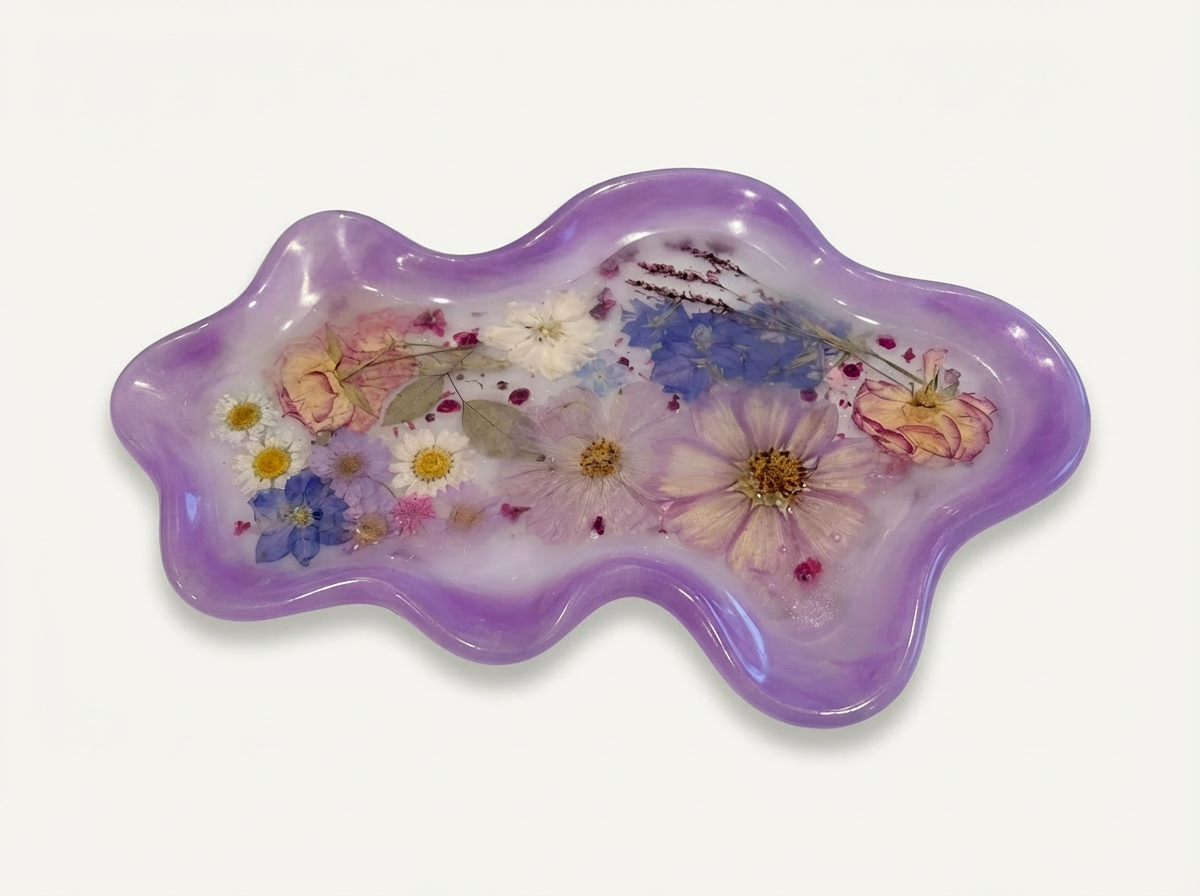 Wavy Pressed Flower Resin Jewelry Tray – Purple Wildflowers