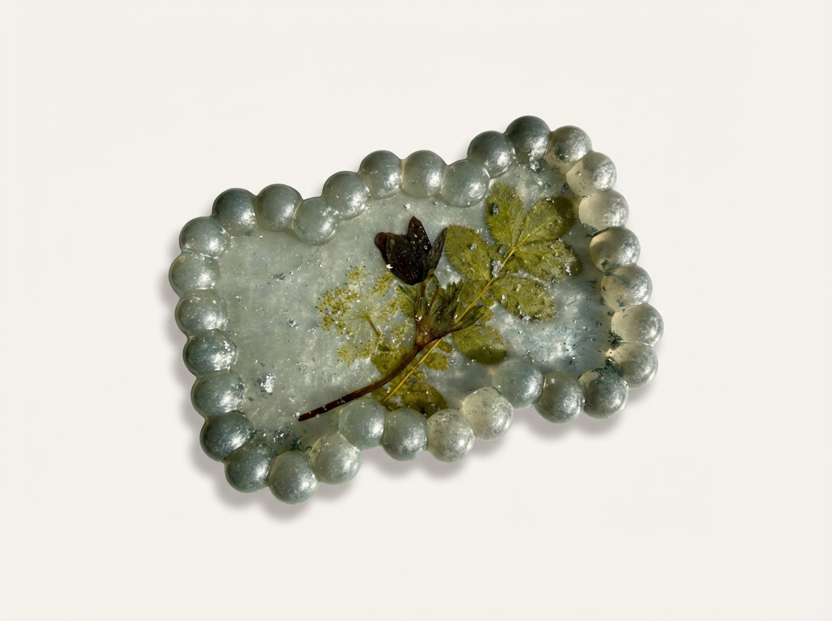 Beaded Edge Resin Jewelry Tray with Pressed Flowers - Silver