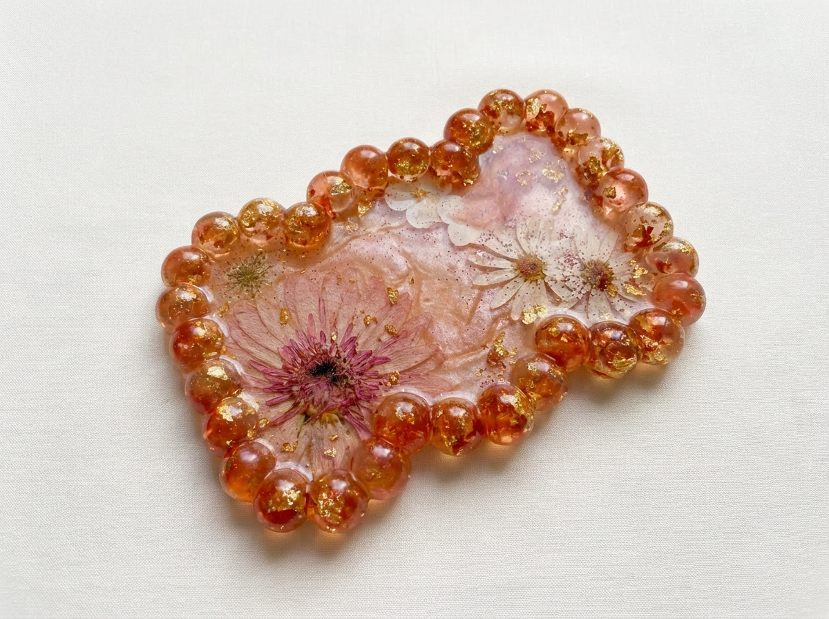Beaded Edge Resin Jewelry Tray with Pressed Flowers - Pink + Gold