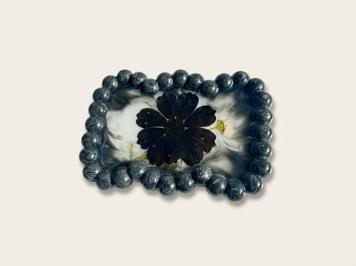 Beaded Edge Resin Jewelry Tray with Pressed Flowers - Black + White