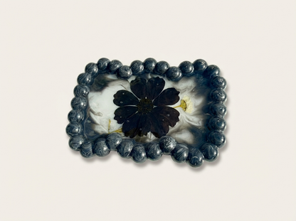 Beaded Edge Resin Jewelry Tray with Pressed Flowers - Black + White