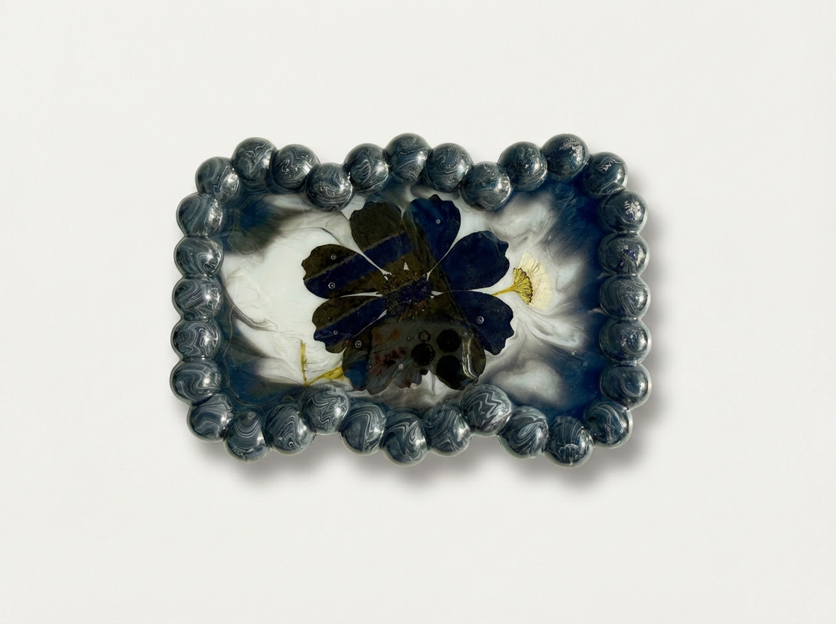 Beaded Edge Resin Jewelry Tray with Pressed Flowers - Black + White