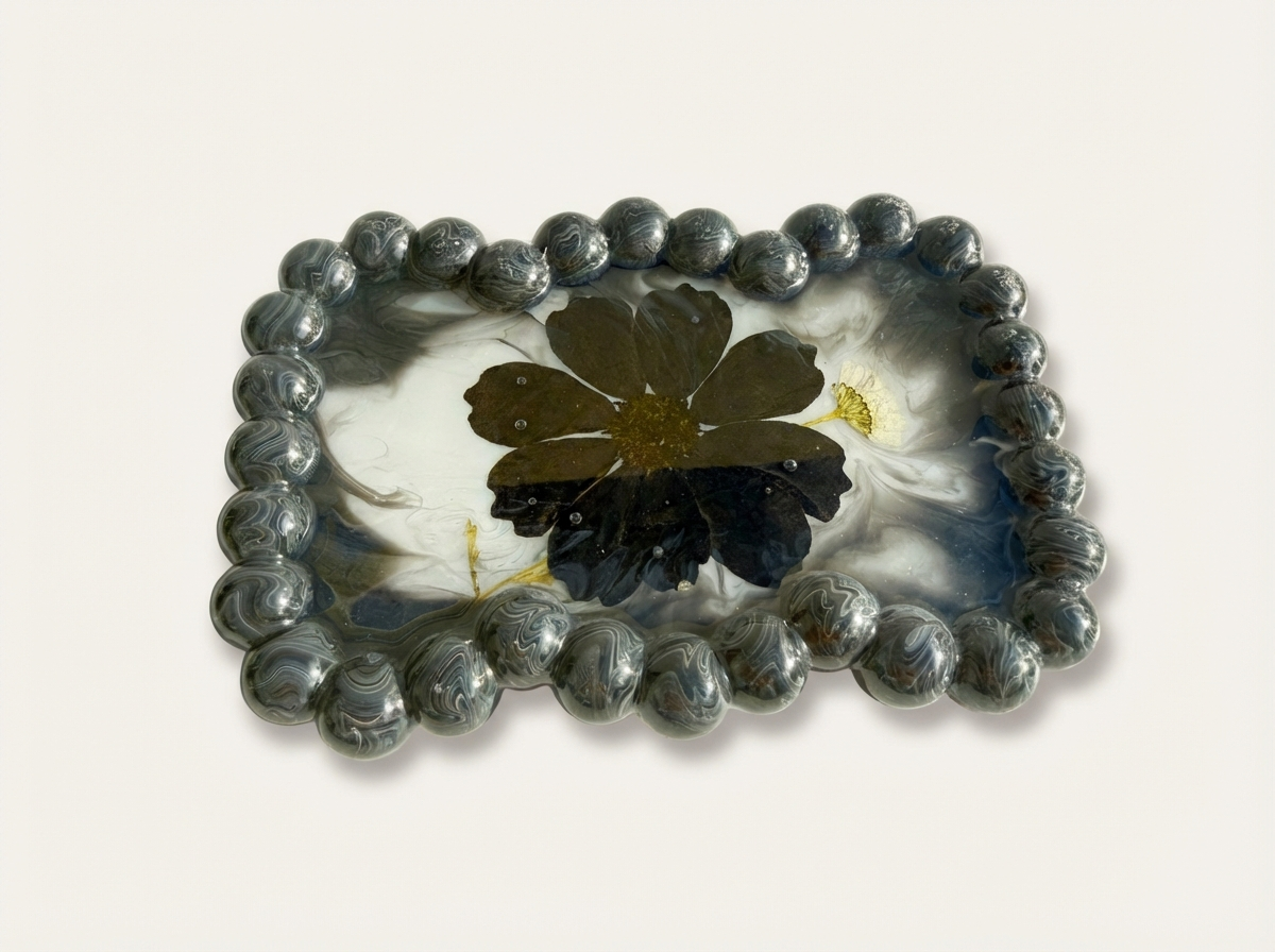 Beaded Edge Resin Jewelry Tray with Pressed Flowers - Black + White