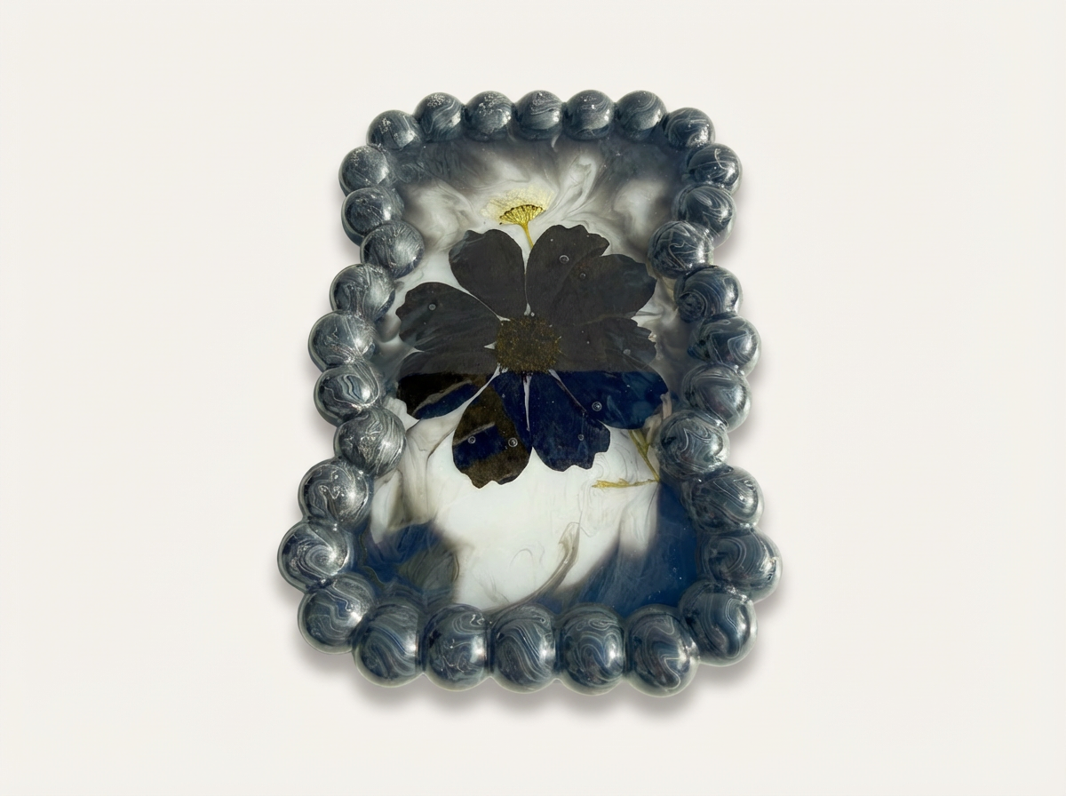 Beaded Edge Resin Jewelry Tray with Pressed Flowers - Black + White