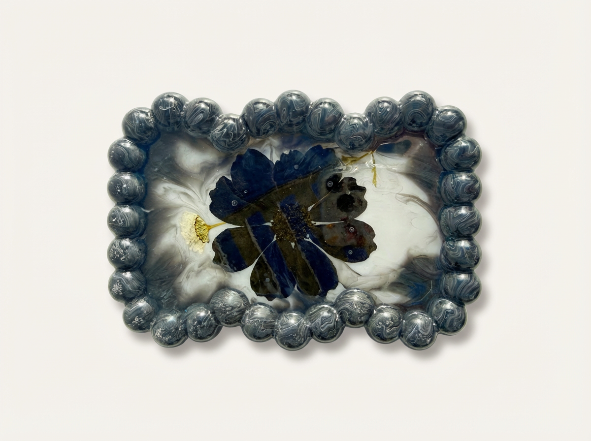 Beaded Edge Resin Jewelry Tray with Pressed Flowers - Black + White