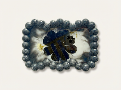 Beaded Edge Resin Jewelry Tray with Pressed Flowers - Black + White