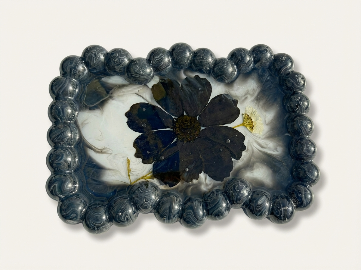 Beaded Edge Resin Jewelry Tray with Pressed Flowers - Black + White