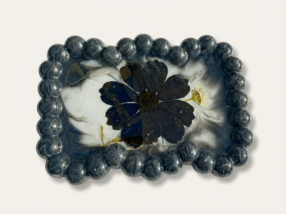 Beaded Edge Resin Jewelry Tray with Pressed Flowers - Black + White