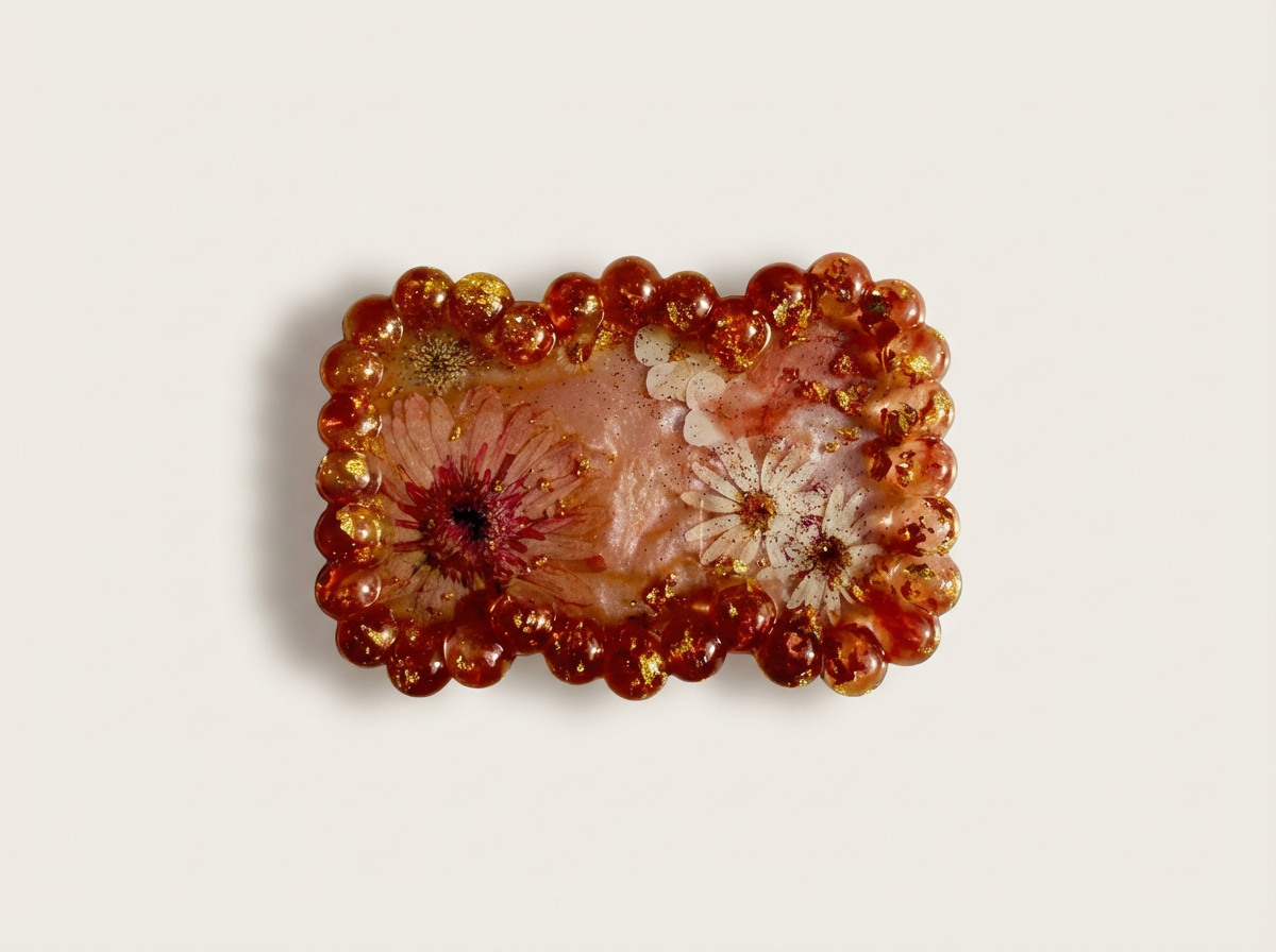 Beaded Edge Resin Jewelry Tray with Pressed Flowers - Pink + Gold