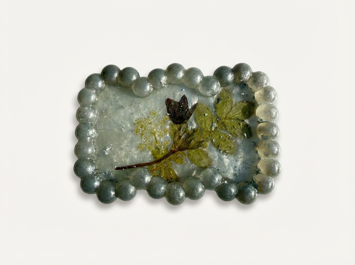 Beaded Edge Resin Jewelry Tray with Pressed Flowers - Silver