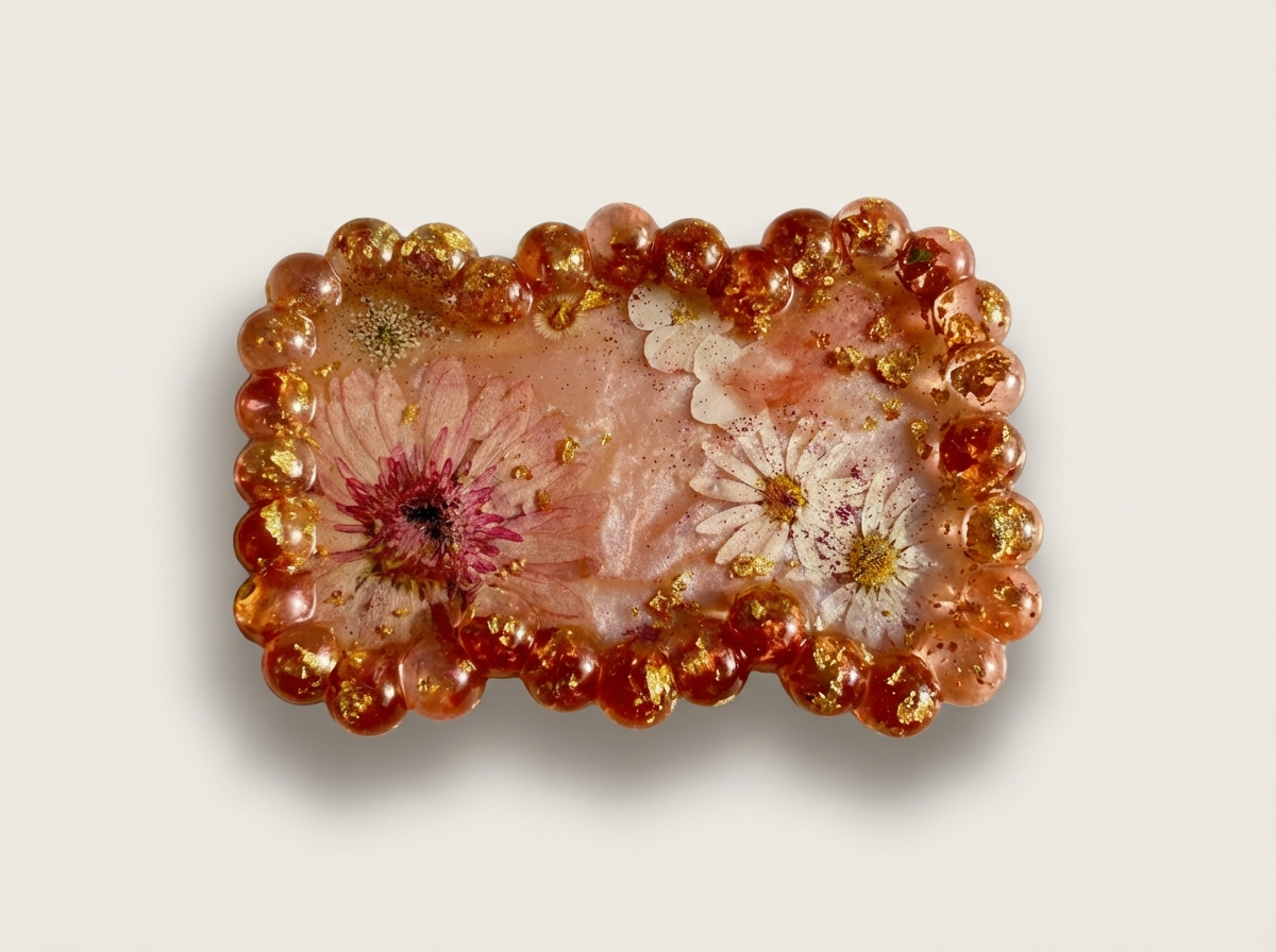 Beaded Edge Resin Jewelry Tray with Pressed Flowers - Pink + Gold