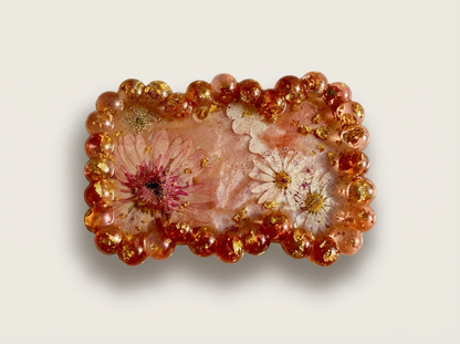 Beaded Edge Resin Jewelry Tray with Pressed Flowers - Pink + Gold