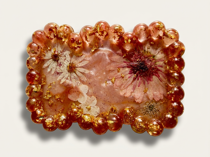 Beaded Edge Resin Jewelry Tray with Pressed Flowers - Pink + Gold