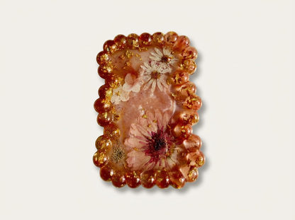Beaded Edge Resin Jewelry Tray with Pressed Flowers - Pink + Gold