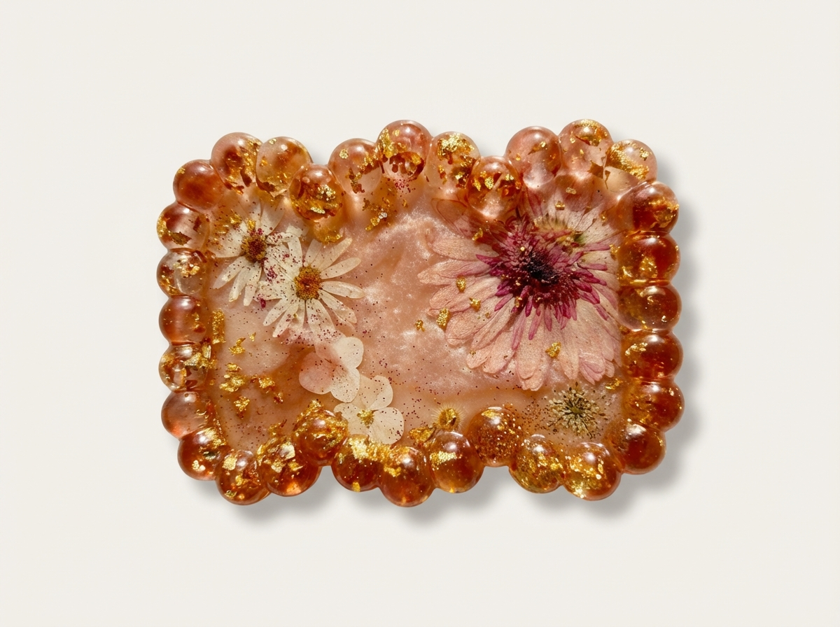 Beaded Edge Resin Jewelry Tray with Pressed Flowers - Pink + Gold