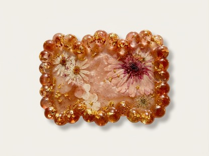 Beaded Edge Resin Jewelry Tray with Pressed Flowers - Pink + Gold