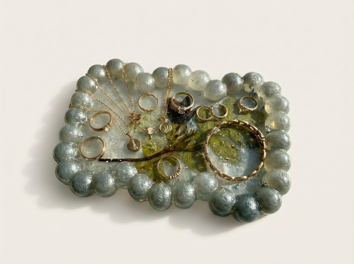 Beaded Edge Resin Jewelry Tray with Pressed Flowers - Silver