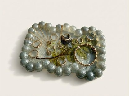 Beaded Edge Resin Jewelry Tray with Pressed Flowers - Silver