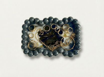 Beaded Edge Resin Jewelry Tray with Pressed Flowers - Black + White