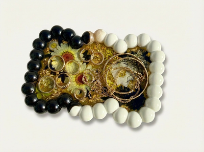 Beaded Edge Resin Jewelry Tray with Pressed Flowers - Black + Gold