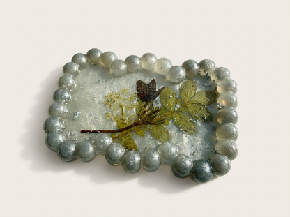 Beaded Edge Resin Jewelry Tray with Pressed Flowers - Silver