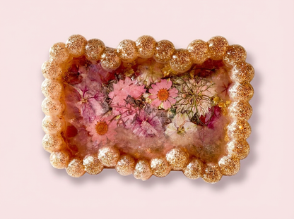 Beaded Edge Resin Jewelry Tray with Pressed Flowers - Pink & Gold