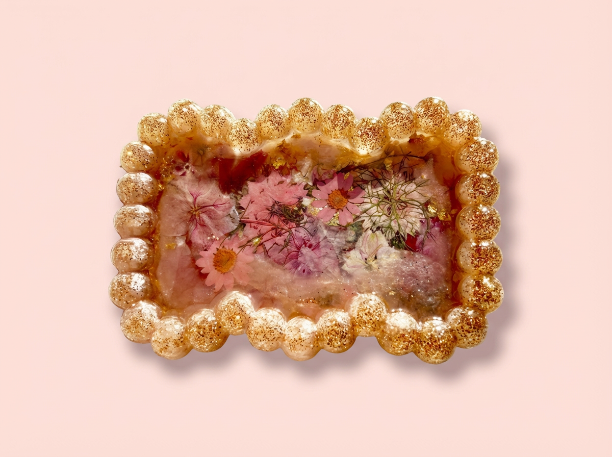 Beaded Edge Resin Jewelry Tray with Pressed Flowers - Pink & Gold