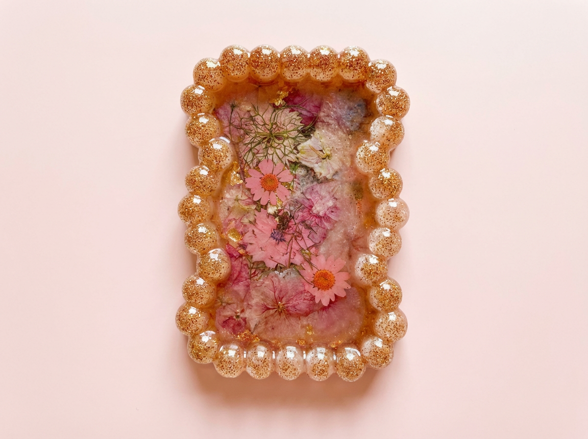 Beaded Edge Resin Jewelry Tray with Pressed Flowers - Pink & Gold